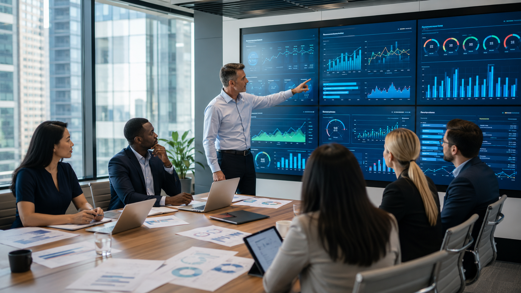 Reviewing dashboard performance analytics metrics and reporting charts