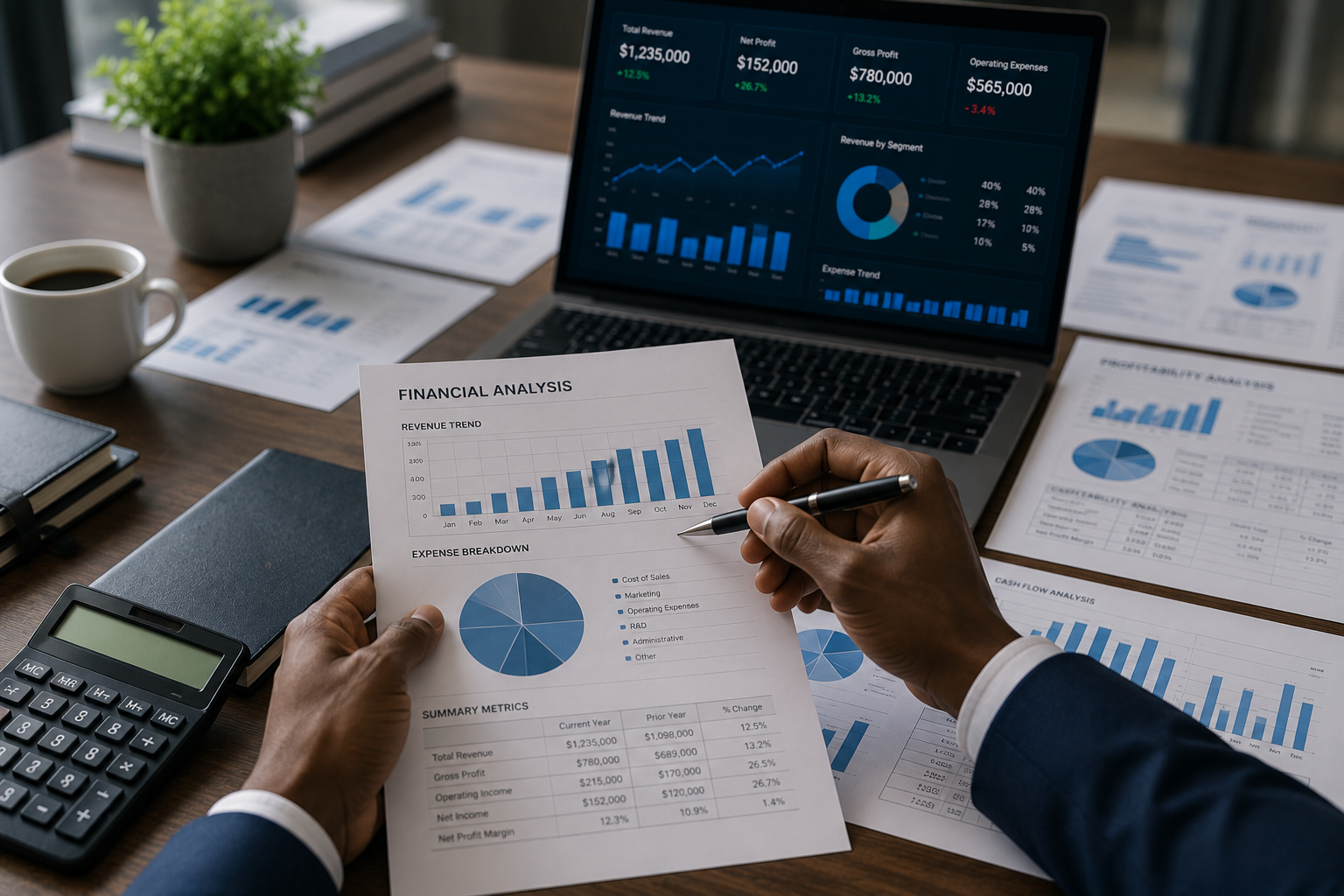 Financial consultant pointing to trend analytics report dashboard