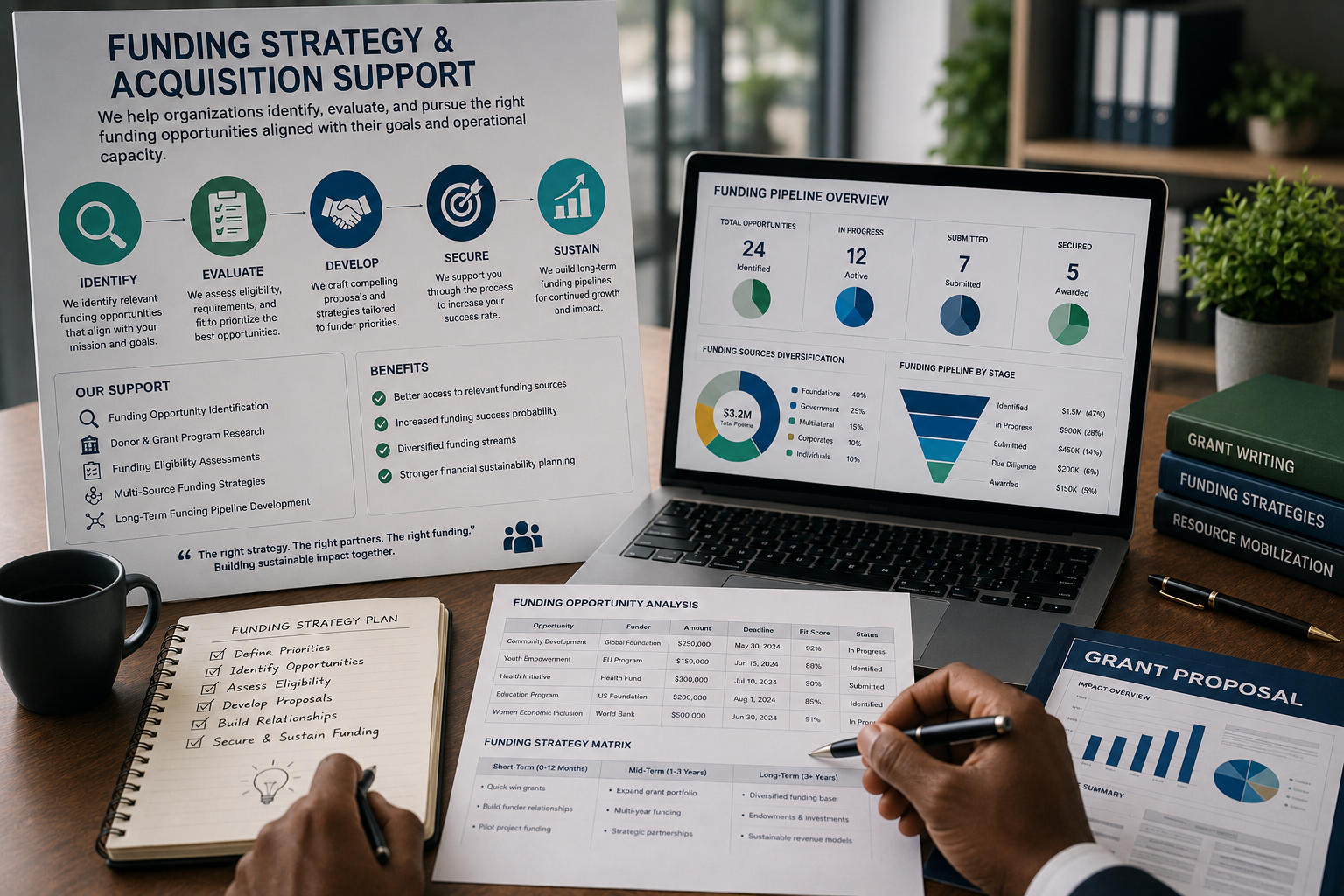 Executive team outlining long-term multi-source funding channels