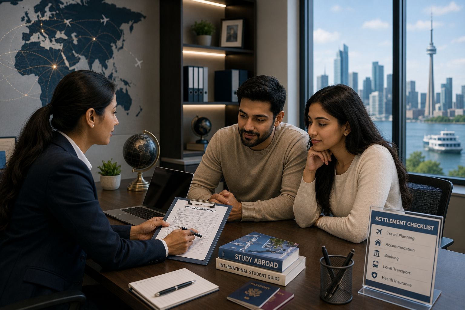 Student processing travel documentation blueprints and planning settlement